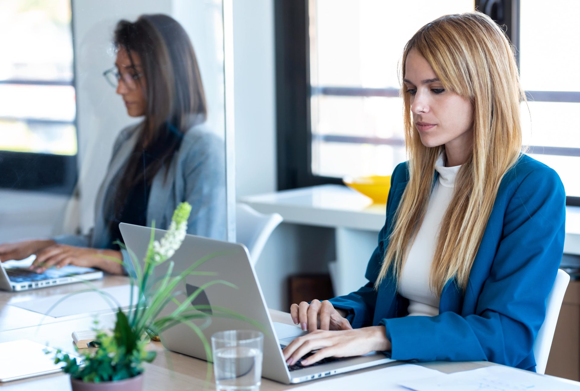 workers sat side by side of an Office Blinds & Glazing glass partition